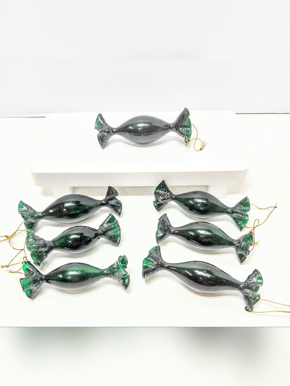 Vintage Hand blown Shiny Green Candy-Shaped Ornaments set of 7